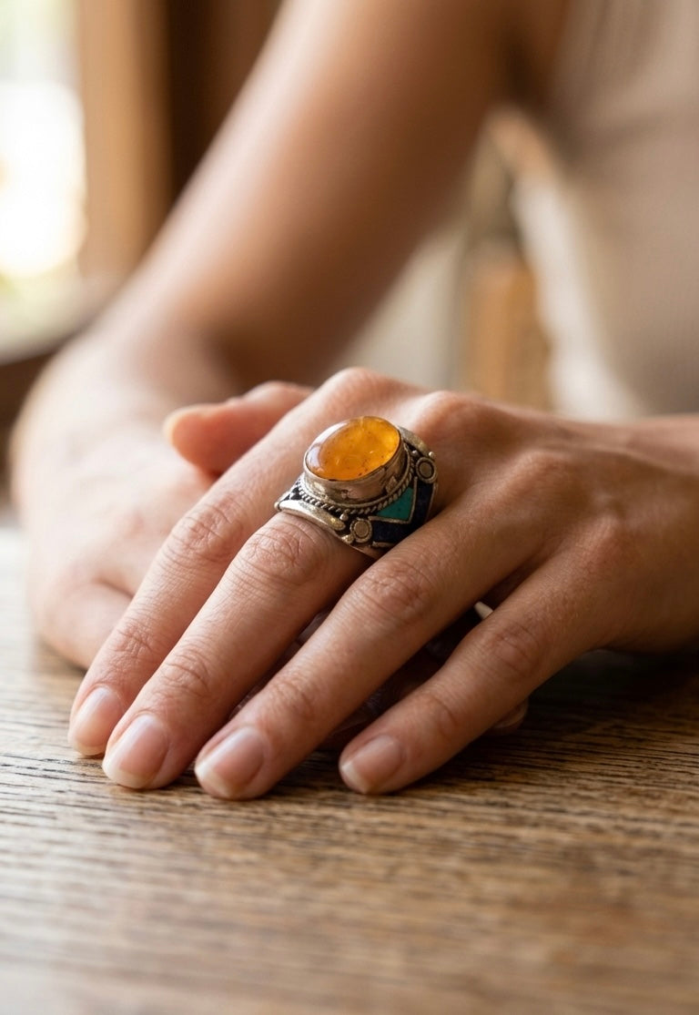 Vintage Yellow Jasper Statement Ring, Bohemian Tribal Ring