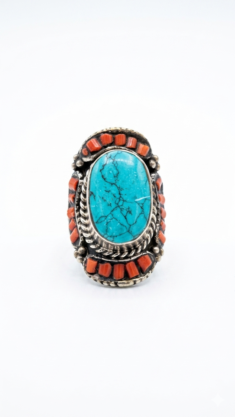 Vintage Turquoise & Coral Statement Ring, Handmade Tribal Silver Ring