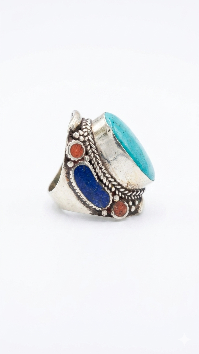 Vintage Turquoise Statement Ring, Handmade Tribal Silver Ring