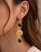 Gold Filigree Drop Earrings with Emerald Green Stones