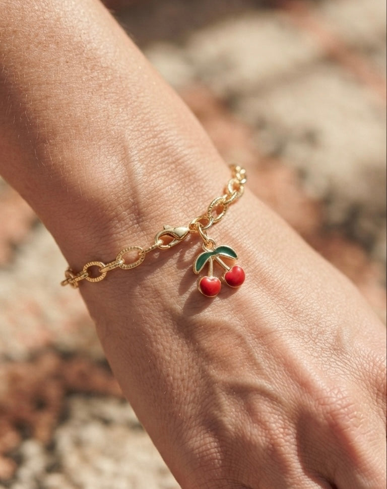 Cherry Charm Bracelet, Gold Chain Bracelet