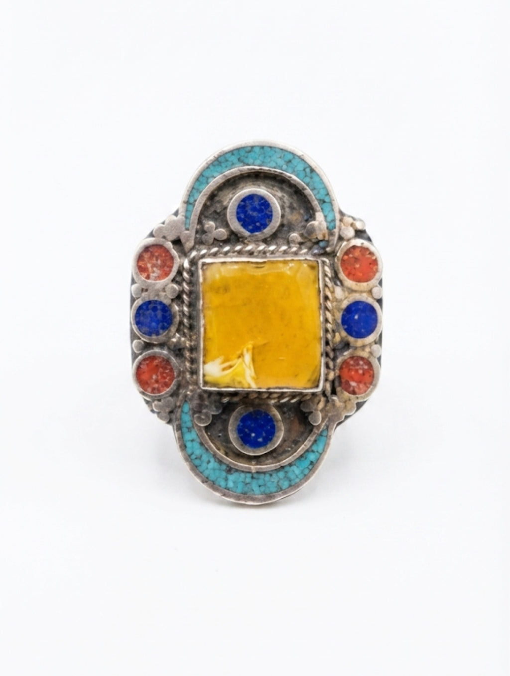 Turquoise, Coral, Lapis & Amber Mosaic Ring