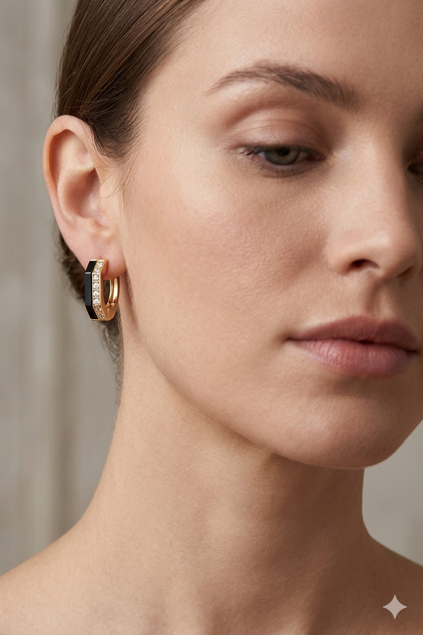Black Gold Hoop Earrings, Geometric Huggie Earrings