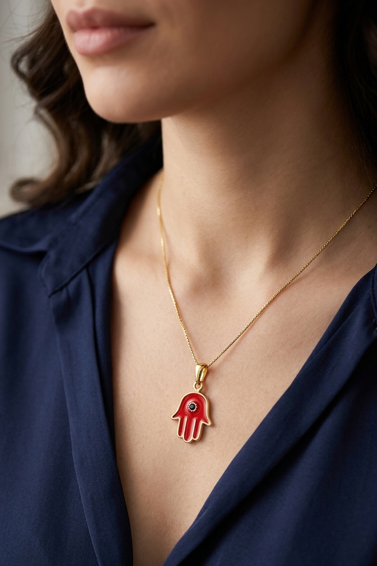 Red Hamsa Hand Pendant Necklace