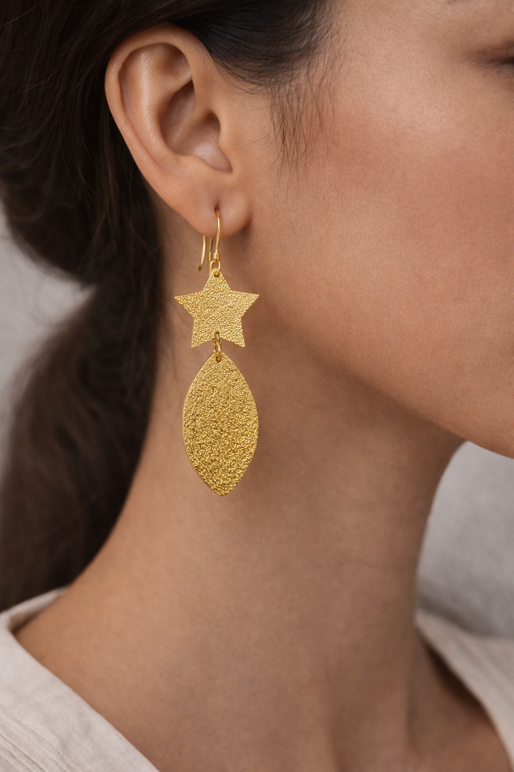 Celestial Star & Leaf Gold Drop Earrings