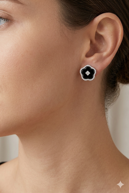 Black Clover Stud Earrings, Floral Stud Earrings
