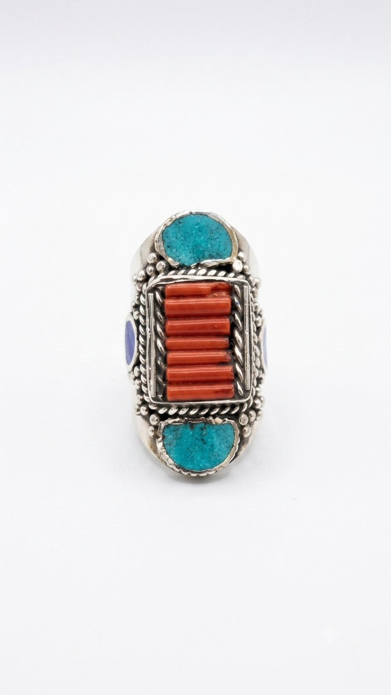 Boho Tribal Coral & Turquoise Ring | Artisan Cocktail Ring