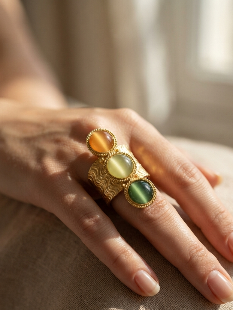 Multicolor Cat’s Eye Statement Ring in 18K Gold Vermeil