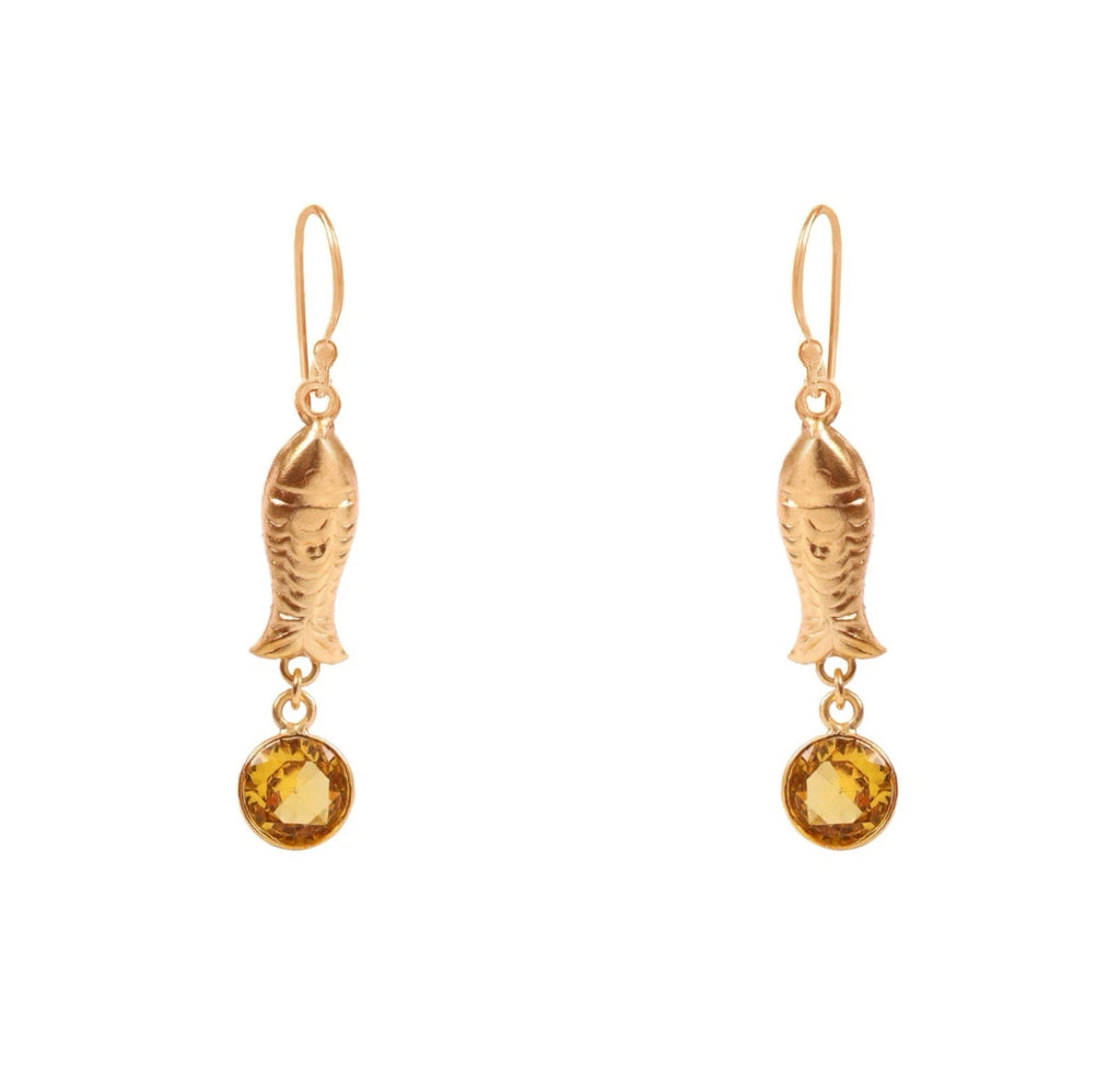 Gold Tone Fish Dangle Earrings Citrine Stone
