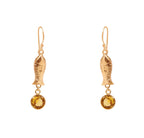 Gold Tone Fish Dangle Earrings Citrine Stone