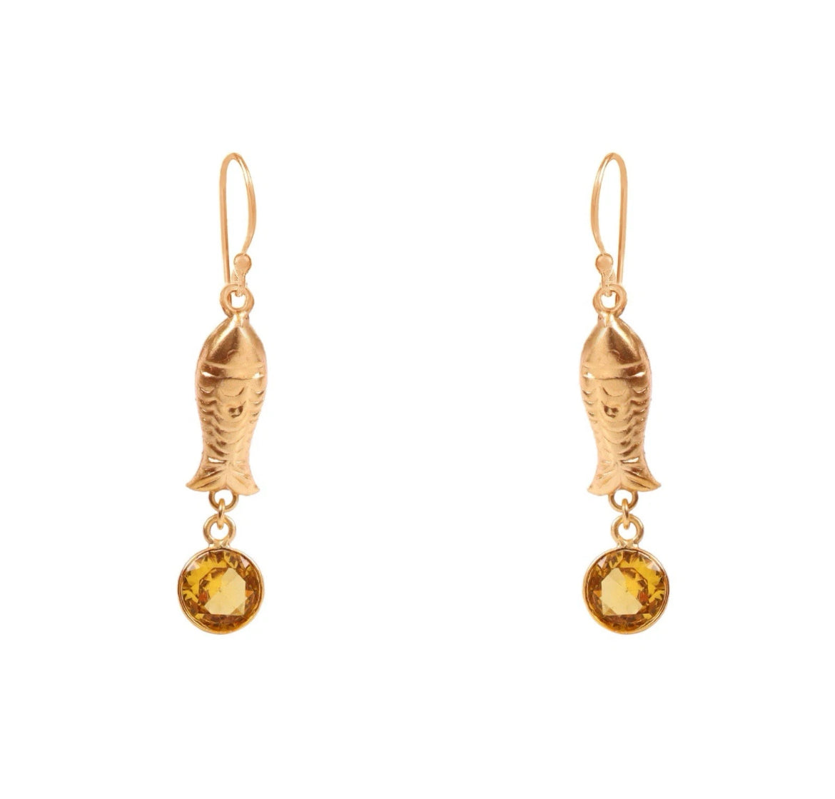 Gold Tone Fish Dangle Earrings Citrine Stone