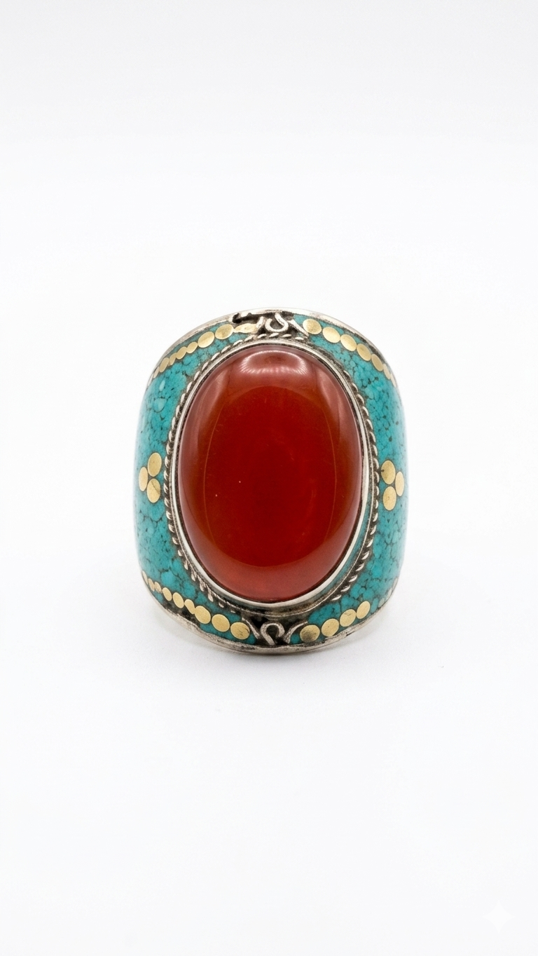Vintage Coral & Turquoise Statement Ring | Tibetan Style Boho Cocktail Ring