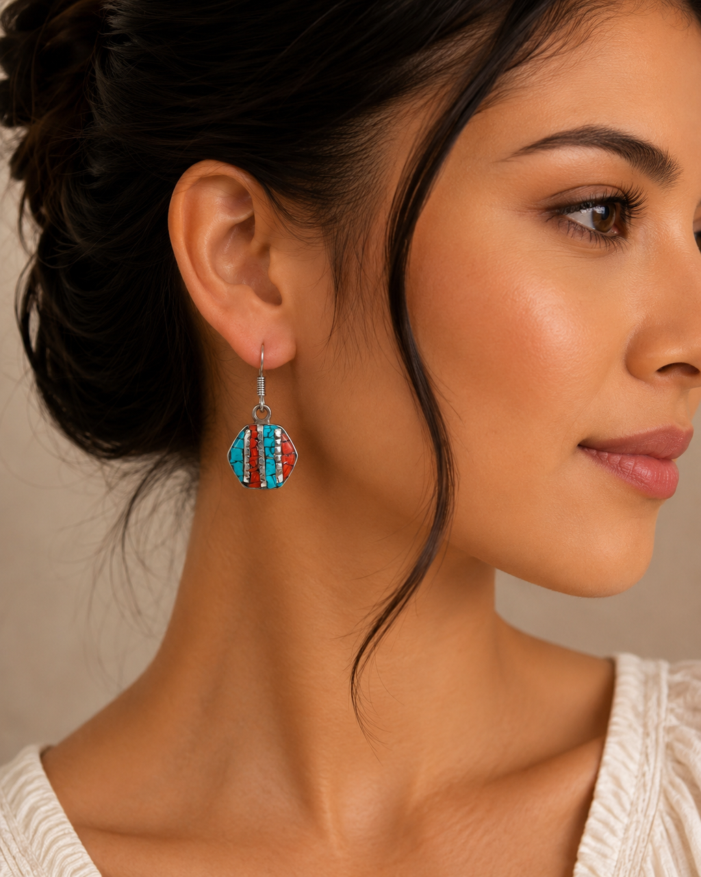 Turquoise & Coral Inlay Hexagon Drop Earrings
