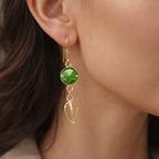 Green Crystal Leaf Dangle Earrings | Gold Leaf Drop Earrings