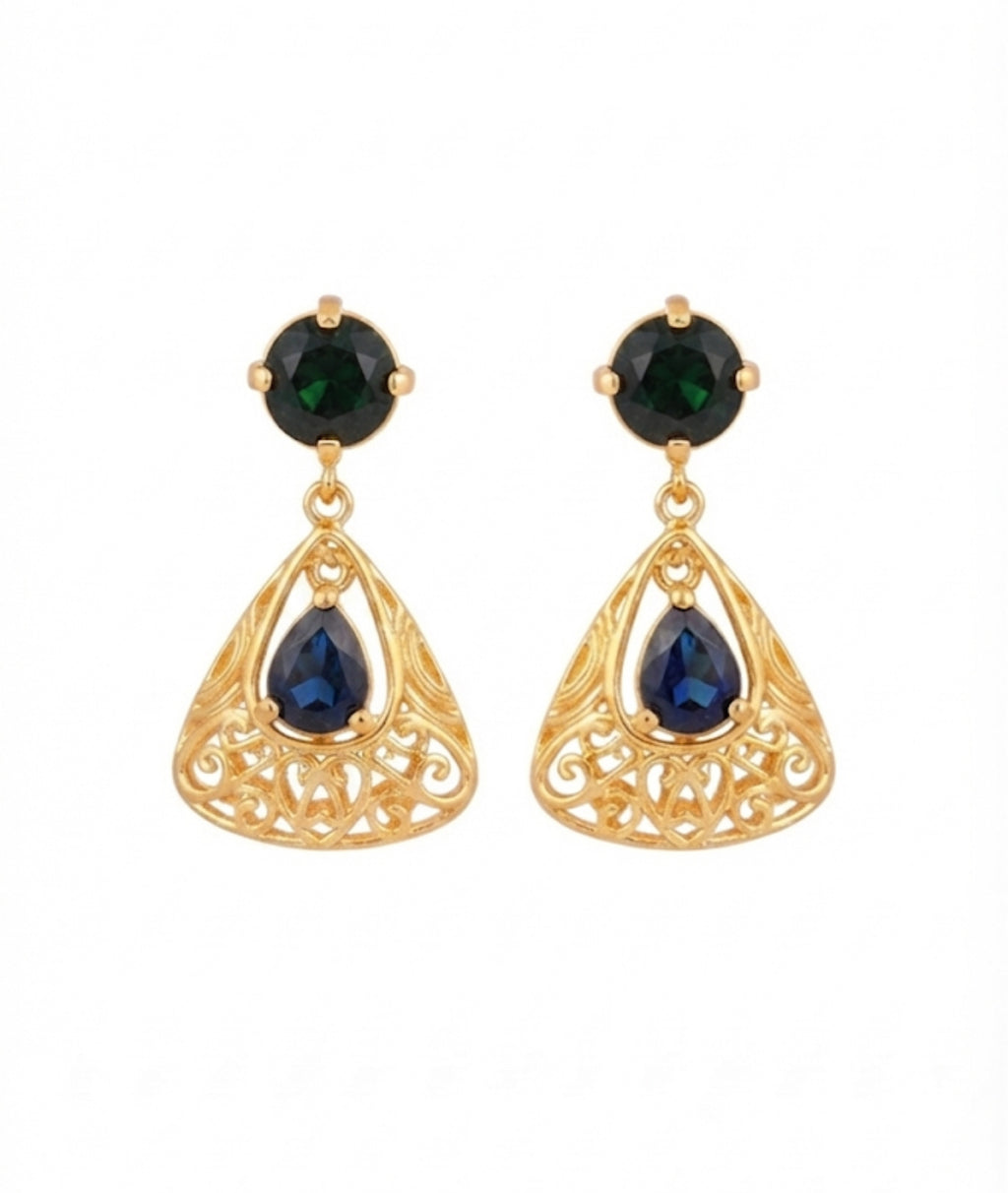 Green Onyx & Blue Sapphire Filigree Drop Earrings in 18K Gold Plated