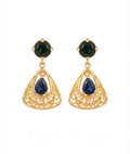 Green Onyx & Blue Sapphire Filigree Drop Earrings in 18K Gold Plated