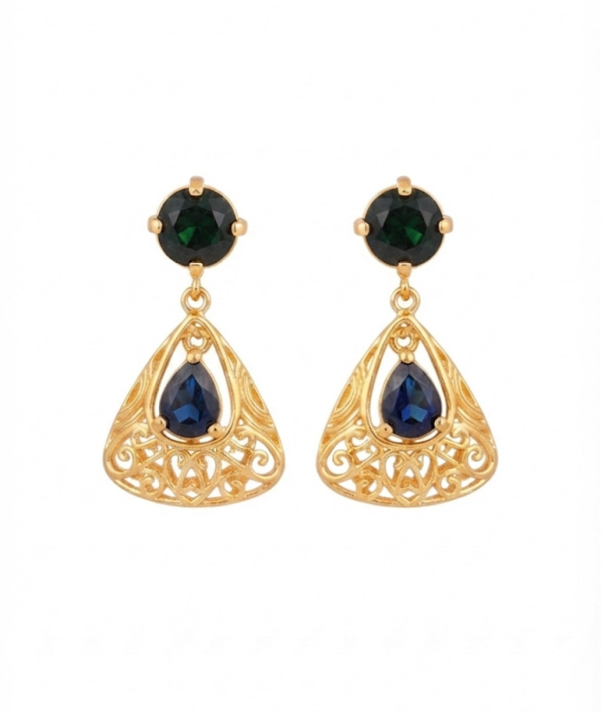 Green Onyx & Blue Sapphire Filigree Drop Earrings in 18K Gold Plated