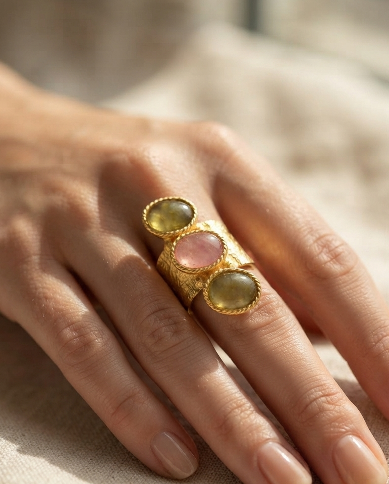 Rose Quartz, Labradorite Statement Ring