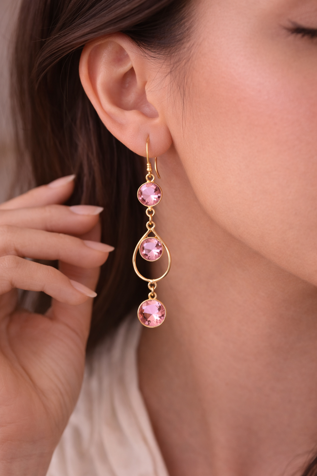 Gold Pink Crystal Teardrop Dangle Earrings