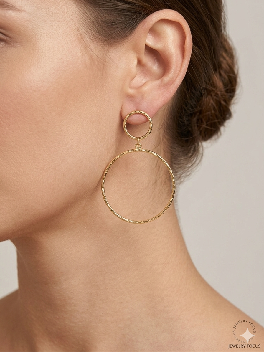 Double Hoop Textured Gold Statement Earrings