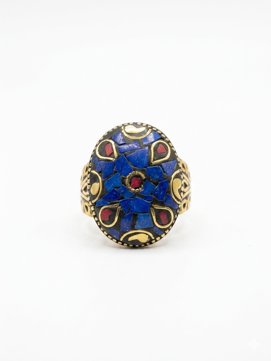 Lapis Lazuli Mosaic Statement Ring | Oval Boho Cocktail Ring