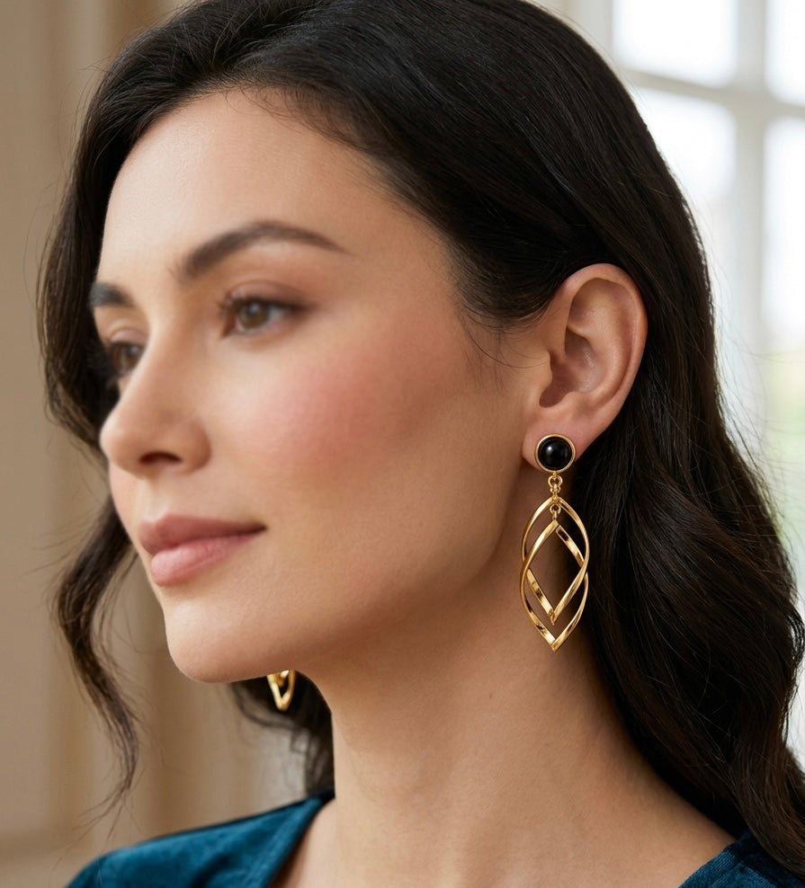 Black Stone Gold Geometric Drop Earrings