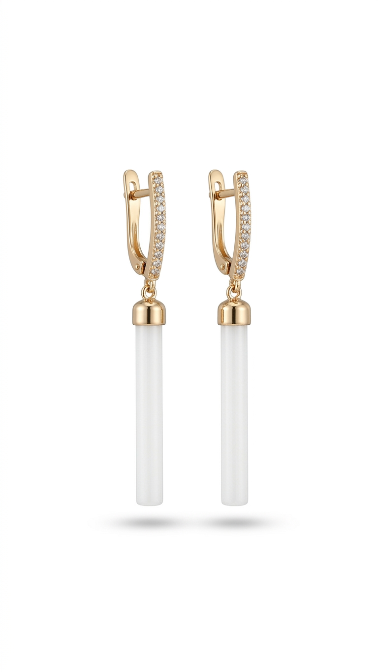 Gold Bar Drop Earrings, White Tube Dangle Earrings