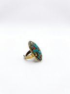 Turquoise Mosaic Statement Ring | Oval Boho Cocktail Ring | Tibetan Style Ring