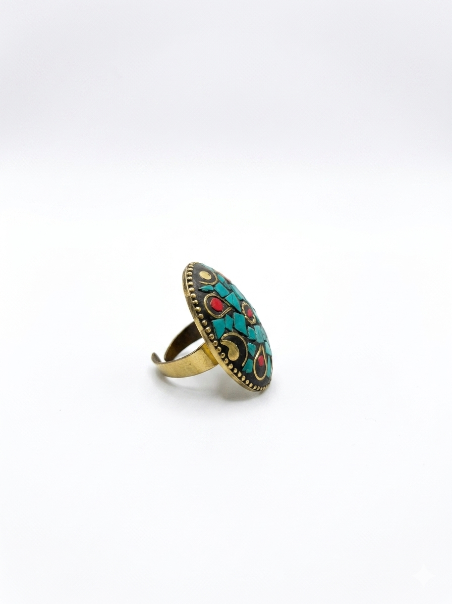 Turquoise Mosaic Statement Ring | Oval Boho Cocktail Ring | Tibetan Style Ring