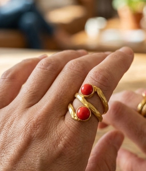 Red Coral Wrap Ring, Adjustable Gold Statement Ring