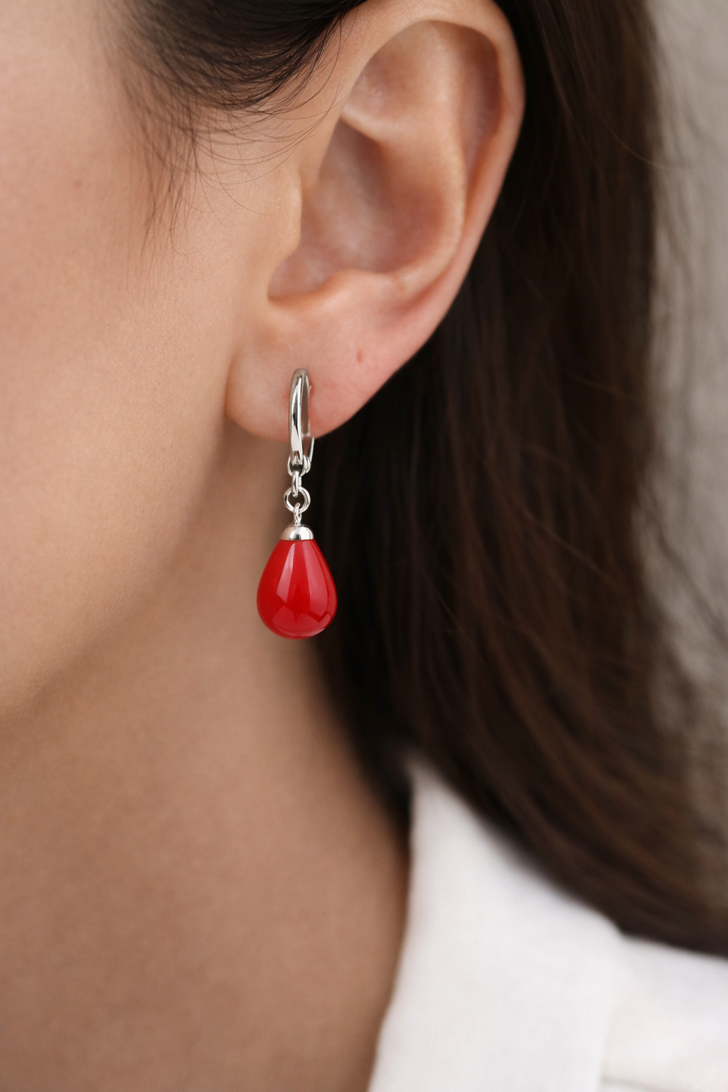 Red Teardrop Dangle Earrings Silver Hoop Drop