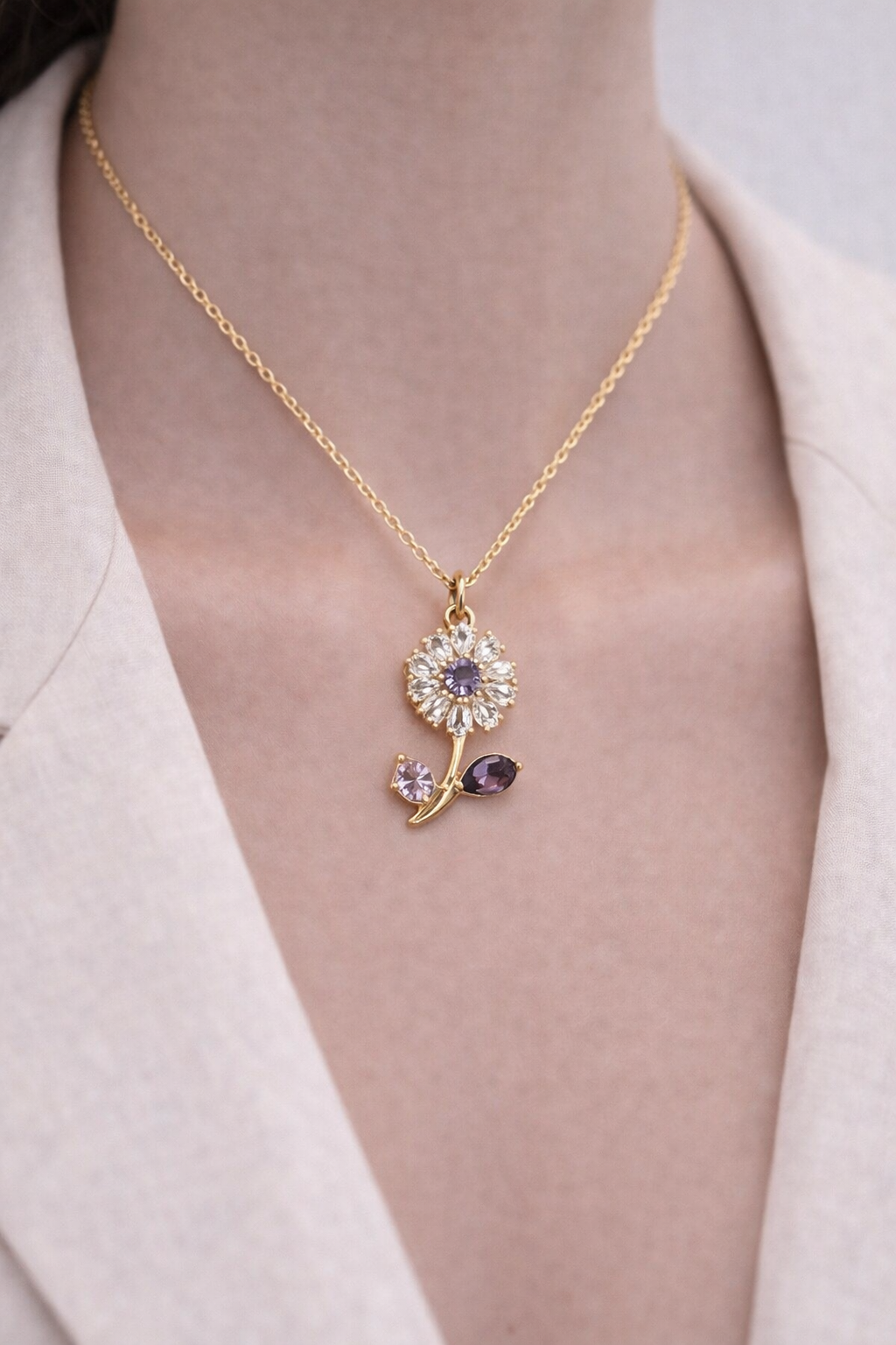 Purple Crystal Flower Pendant Necklace