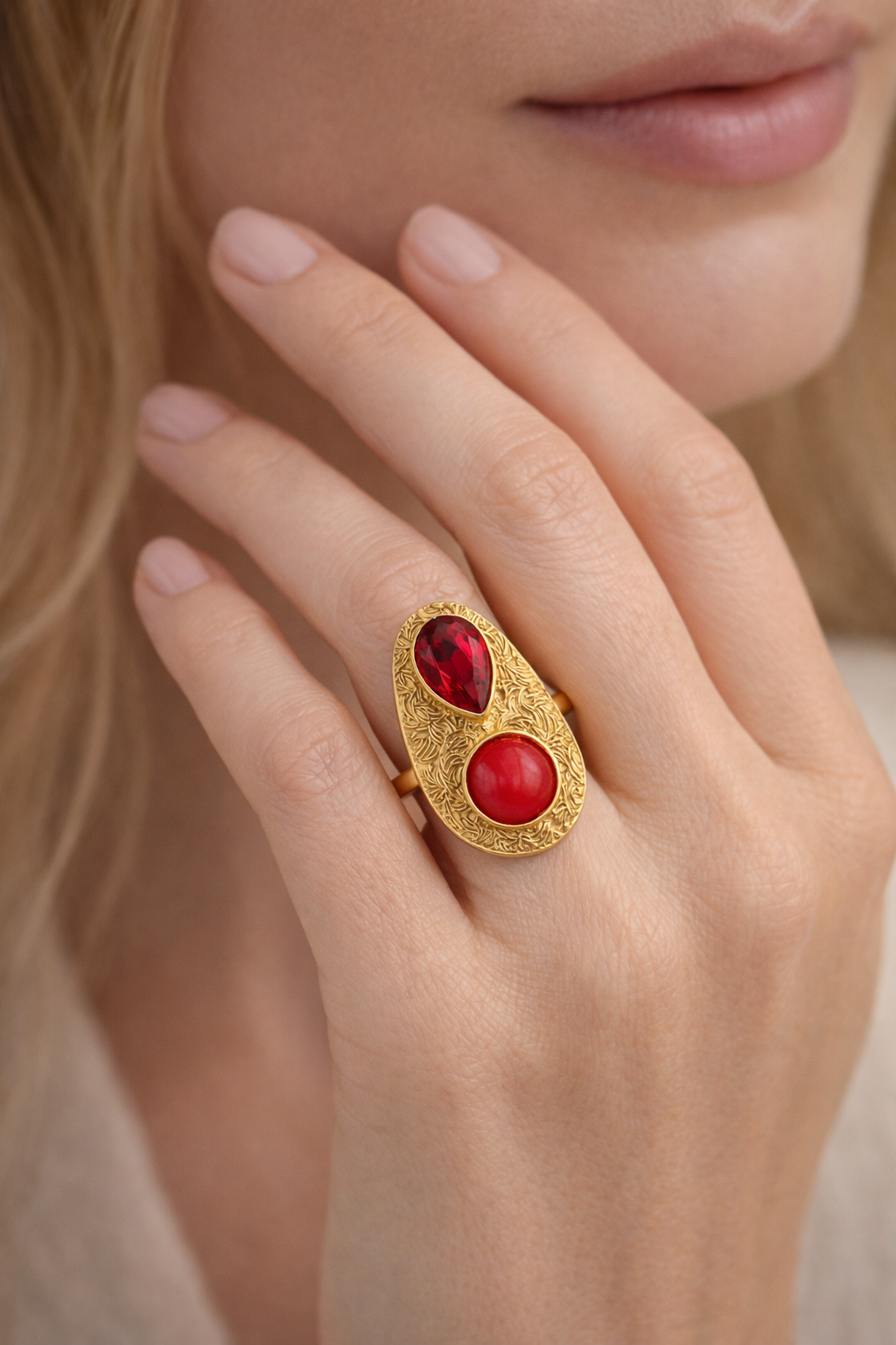 Dual Stone Gold Textured Ring