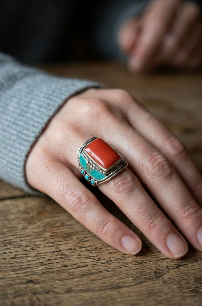 Red Coral & Turquoise Statement Ring | Tibetan Tribal Ring