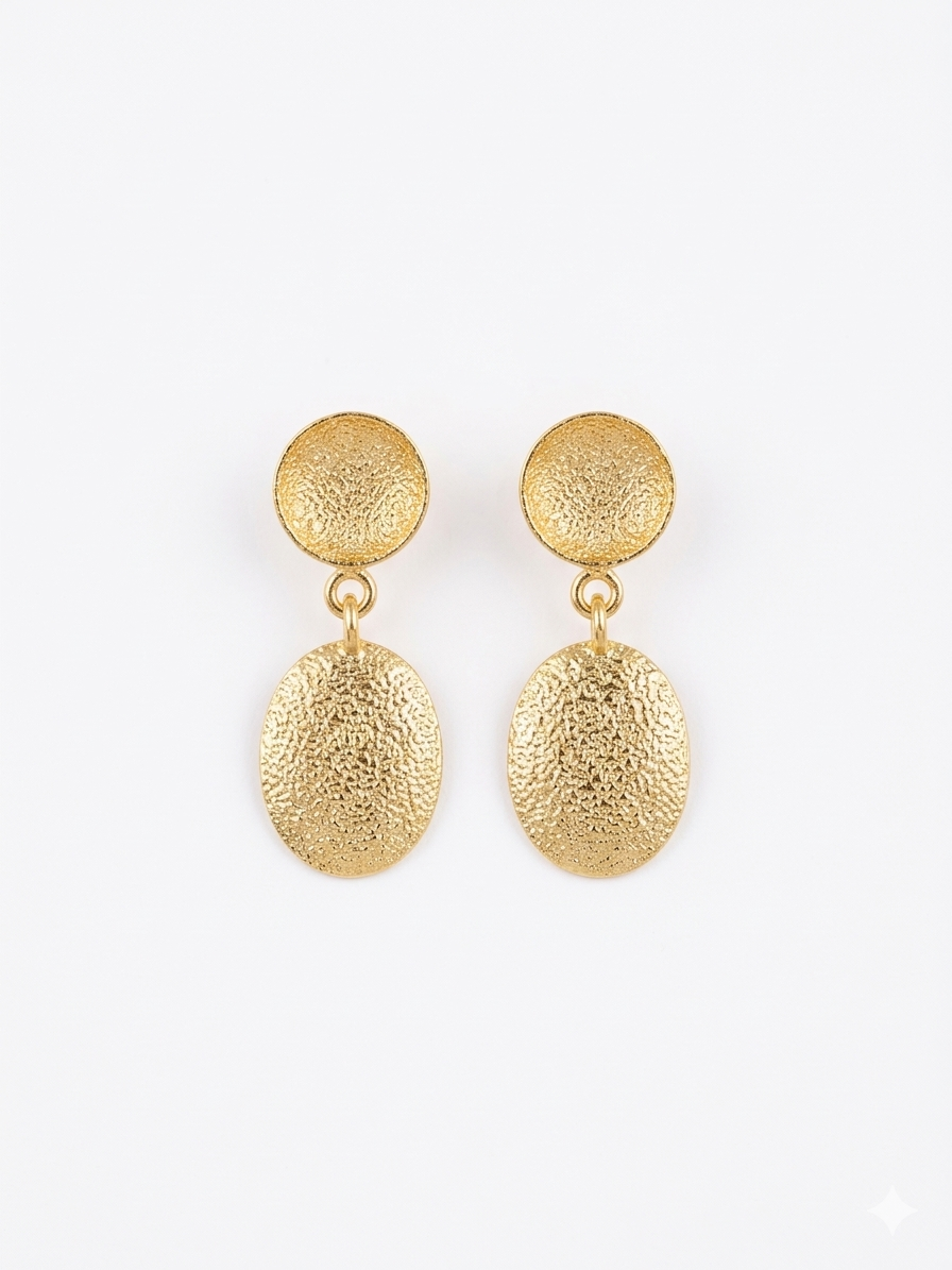Dual Disc Textured Gold Drop Earrings