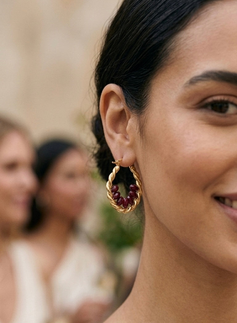 Gold Hoop Earrings with Garnet Red Crystal Accents