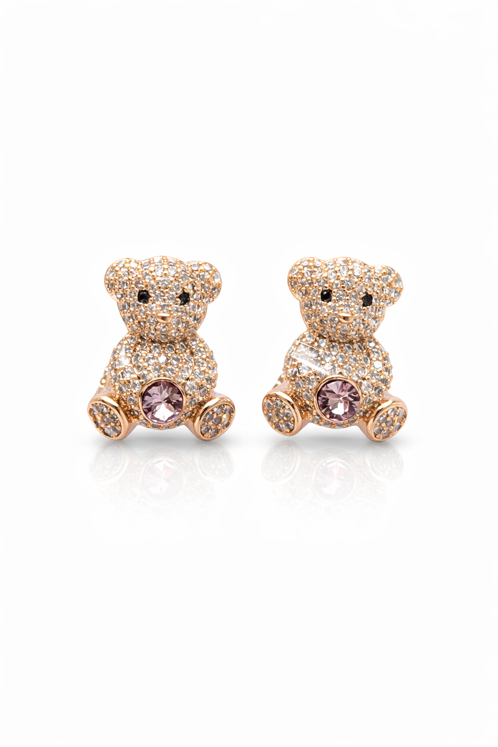 Cute Teddy Bear Earrings Crystal Stud Gold Tone