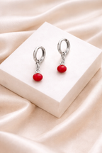 Minimalist Red Drop Earrings Silver Hoop