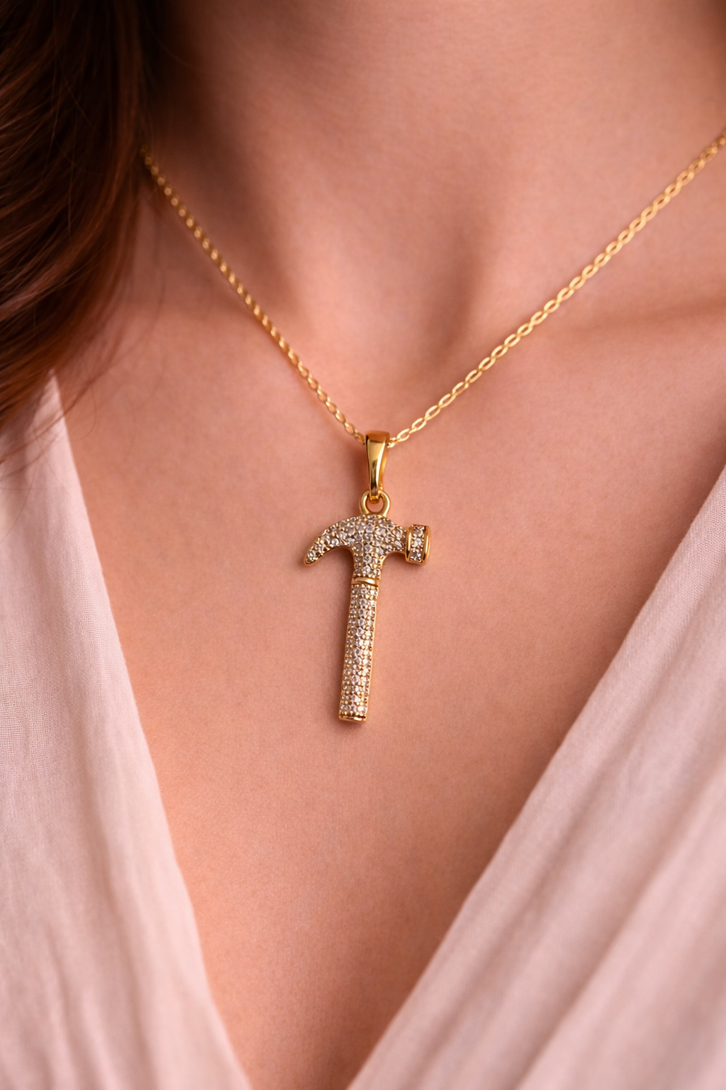 Gold Hammer Pendant Necklace with CZ Diamonds