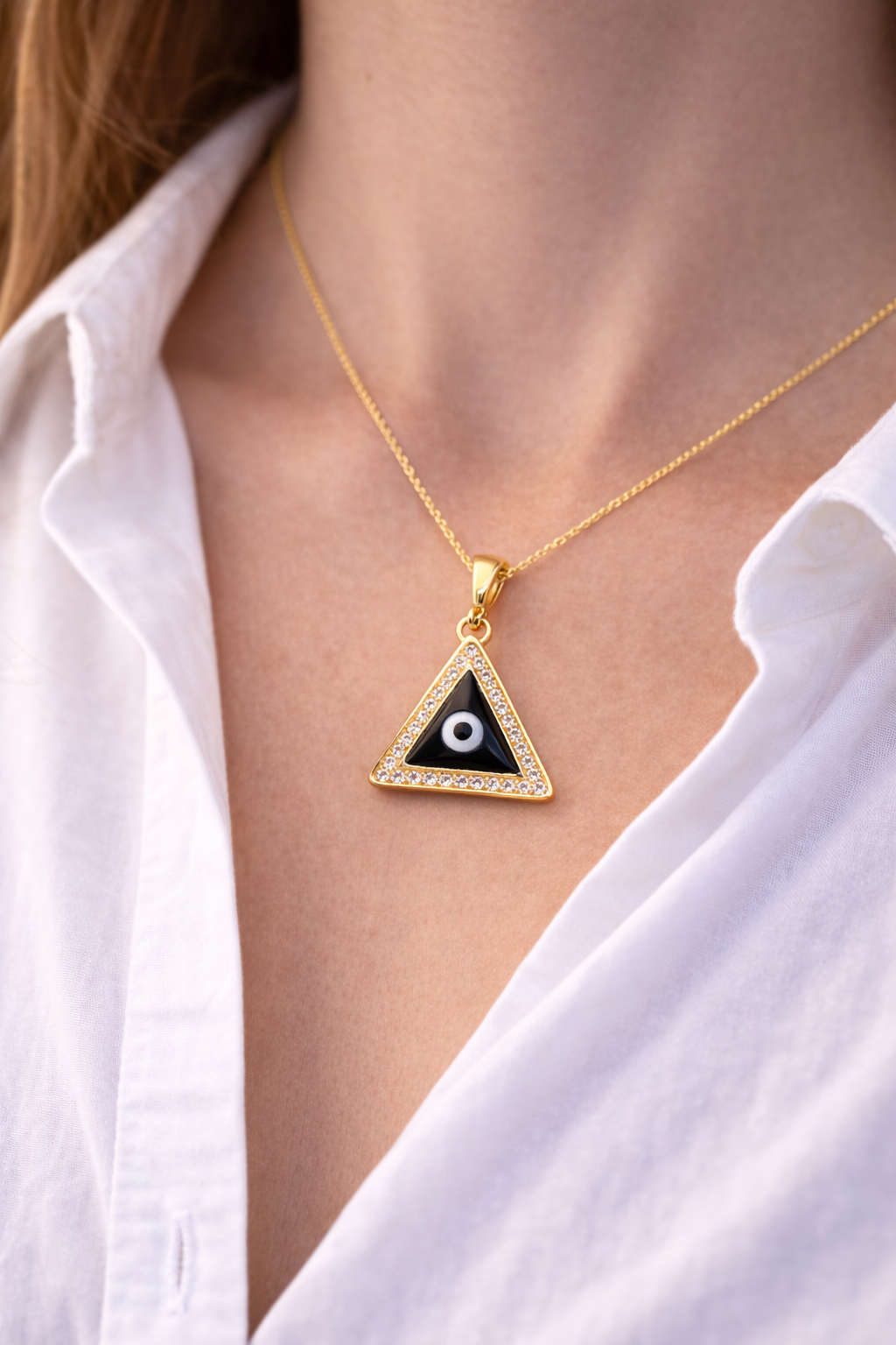 Gold Evil Eye Black Triangle Pendant Necklace