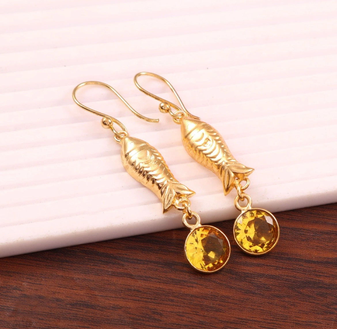 Gold Tone Fish Dangle Earrings Citrine Stone