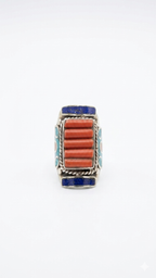 Multi-Stone Tibetan Statement Ring | Coral, Turquoise & Lapis Lazuli Ring