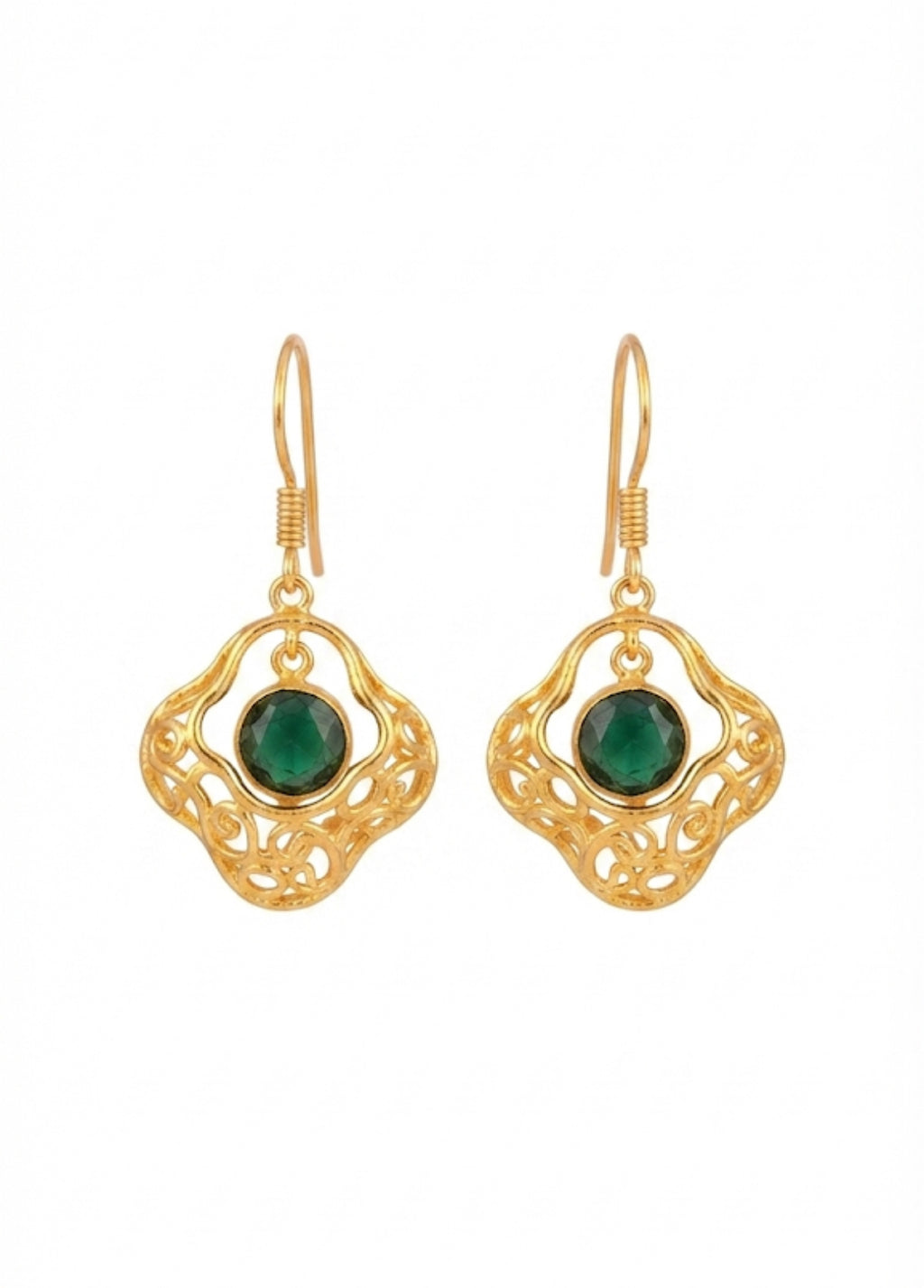 Green Onyx Filigree Drop Earrings in 18K Gold Plated