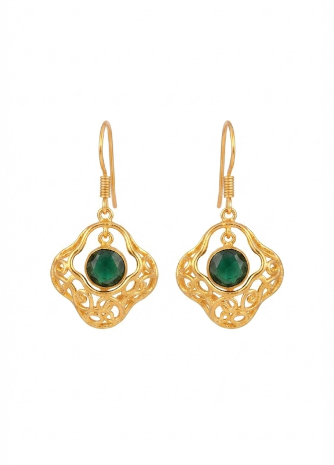 Green Onyx Filigree Drop Earrings in 18K Gold Plated