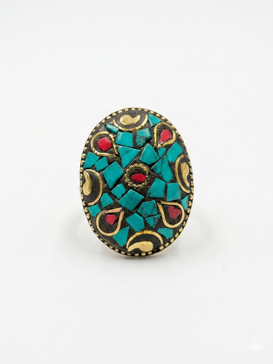 Turquoise Mosaic Statement Ring | Oval Boho Cocktail Ring | Tibetan Style Ring