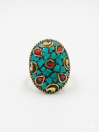 Turquoise Mosaic Statement Ring | Oval Boho Cocktail Ring | Tibetan Style Ring