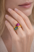 Pink & Green Teardrop Adjustable Gold Ring