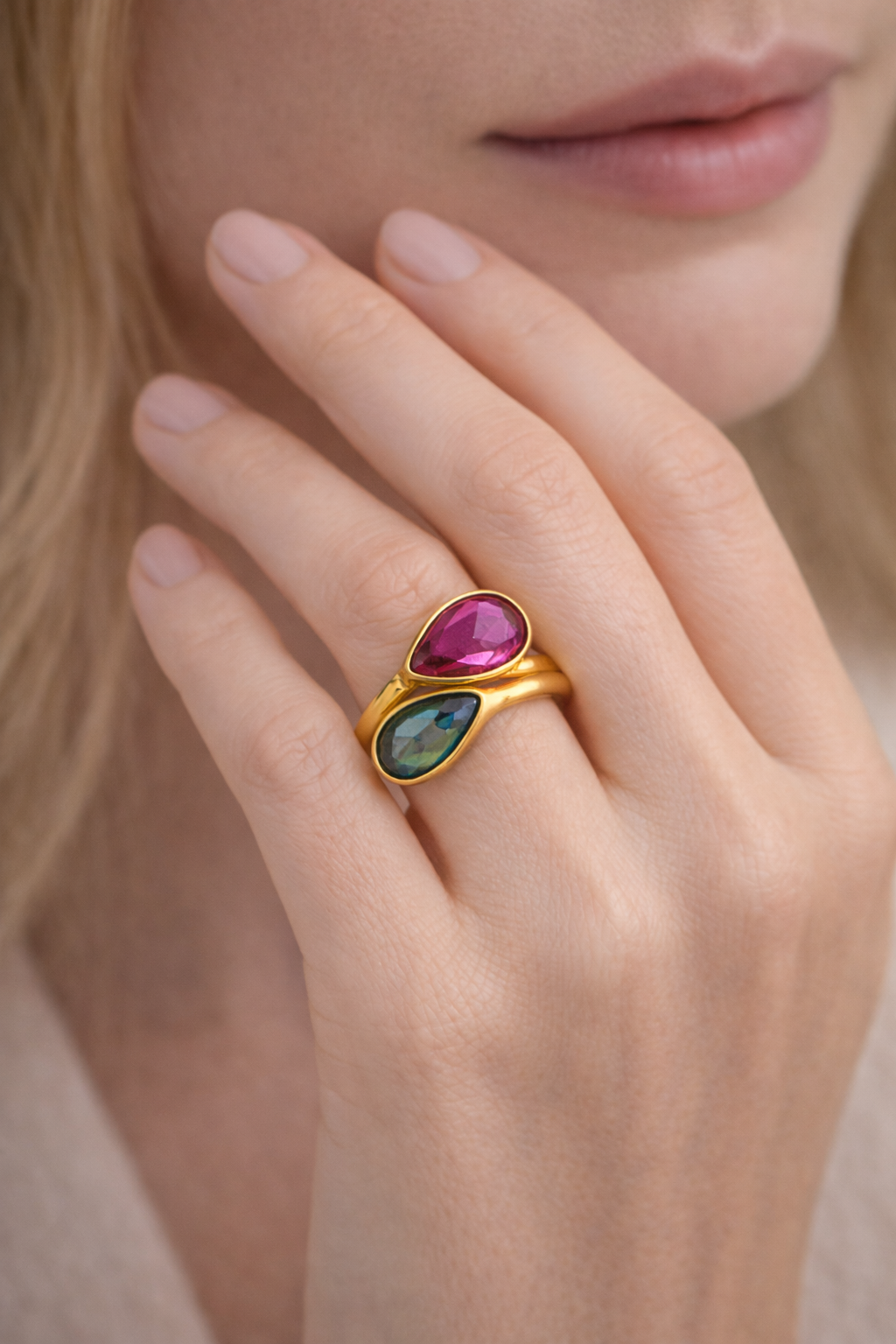 Pink & Green Teardrop Adjustable Gold Ring