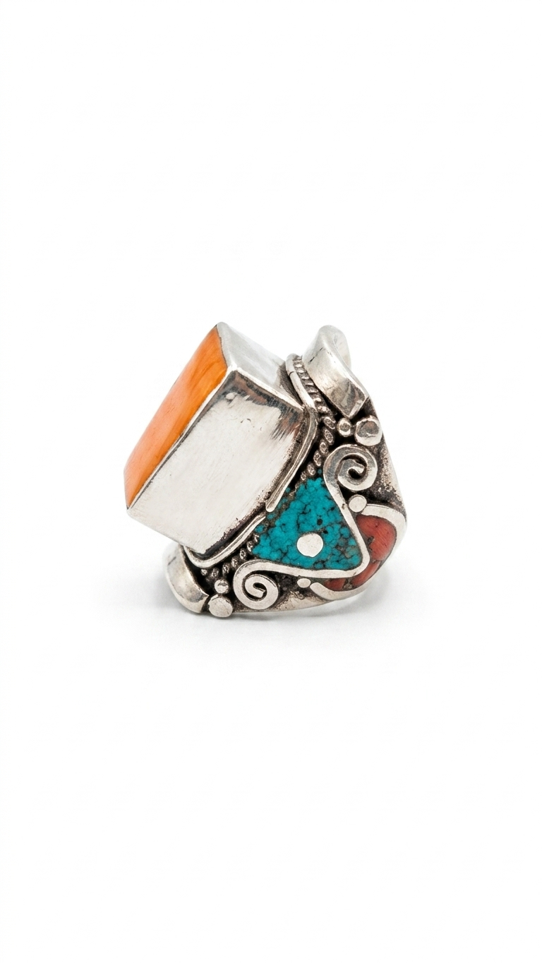 Orange Jasper & Turquoise Statement Ring | Handmade Tribal Ring