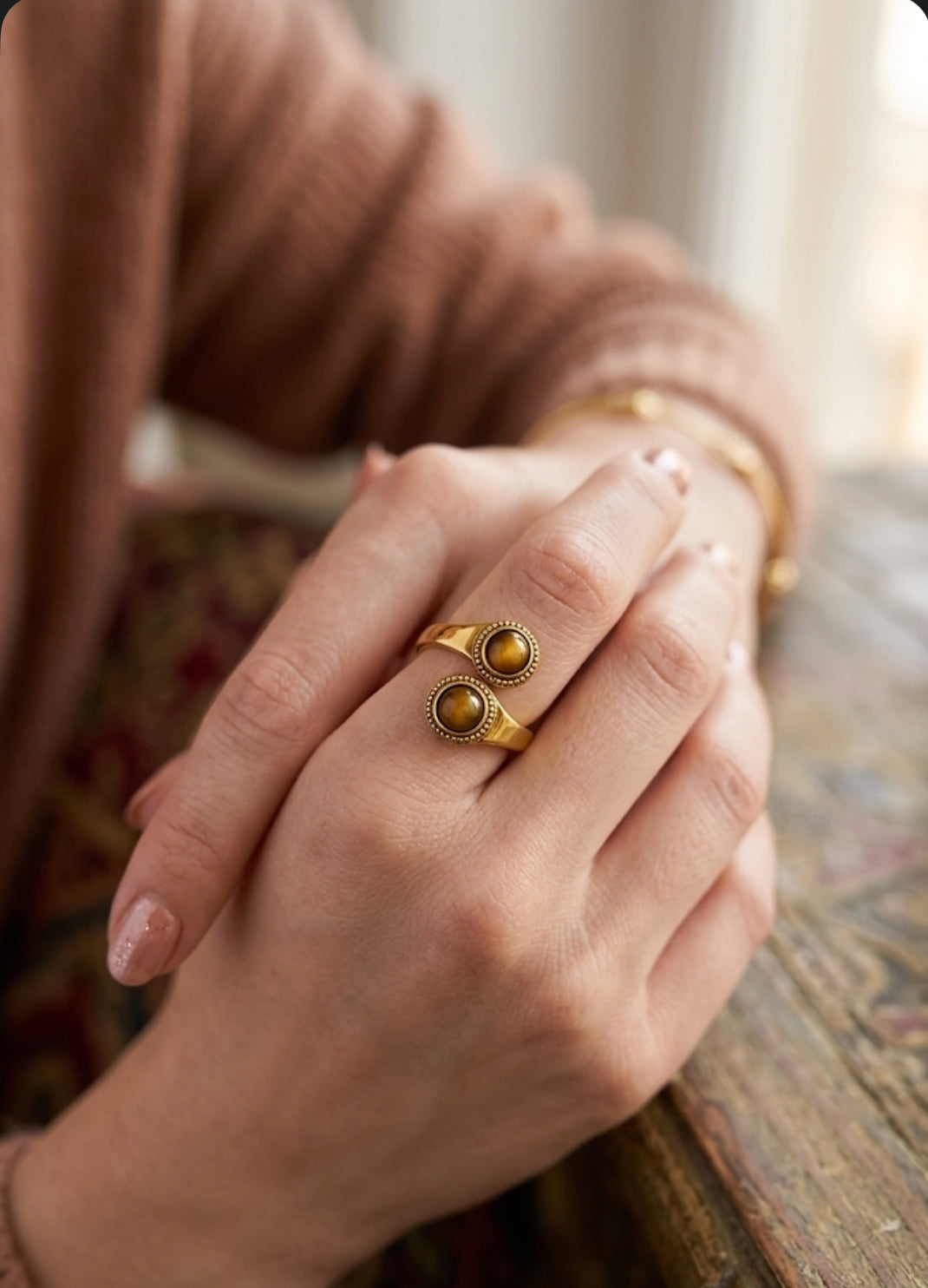 Minimalist Double Tiger Eye Open Ring